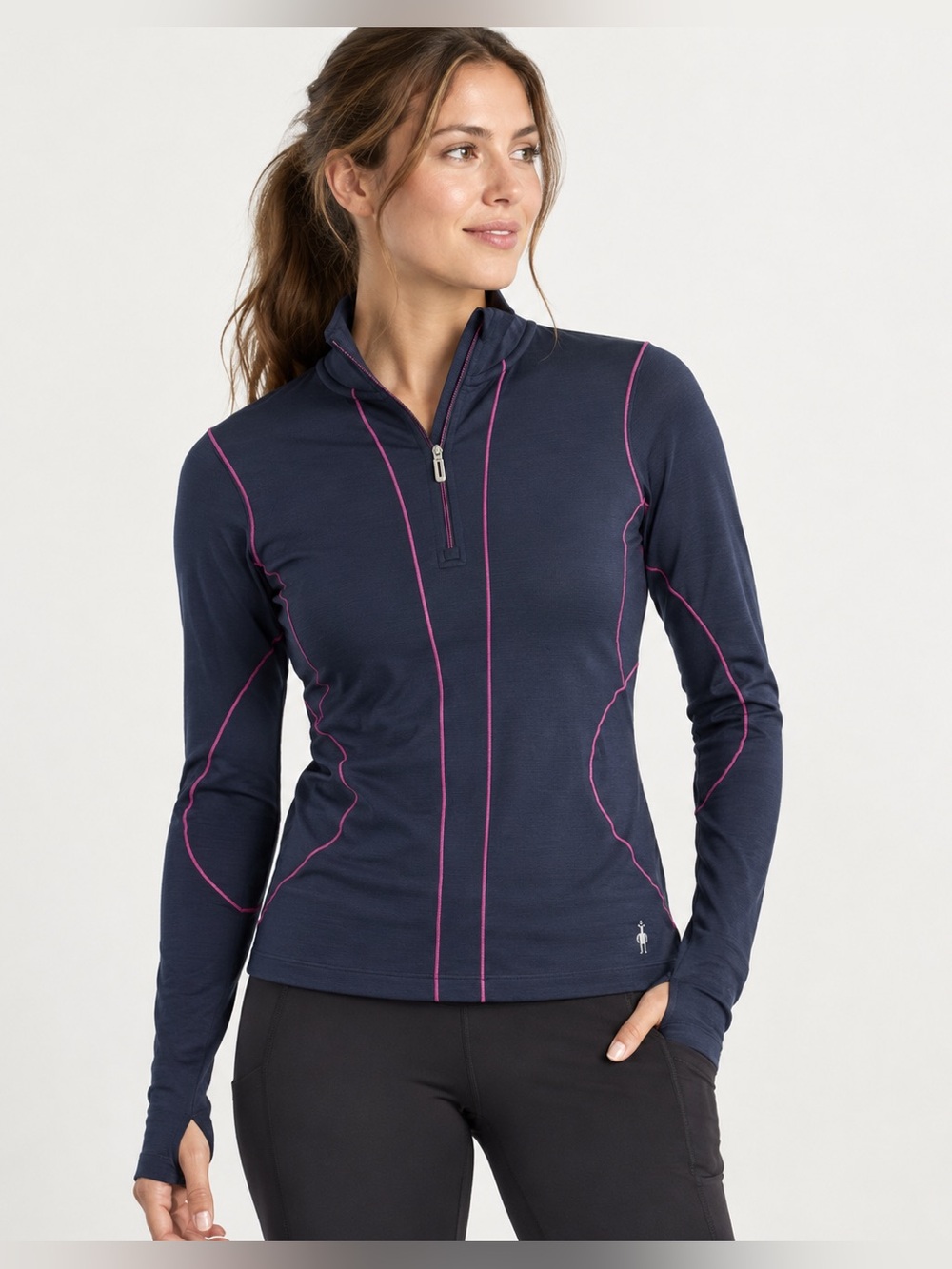 Smartwool Merino Wool 1/4 Zip Base layer Navy Pink Thumbholes Women’s M